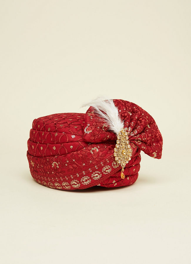 Manyavar Men Cherry Red Jaal Patterned Safa