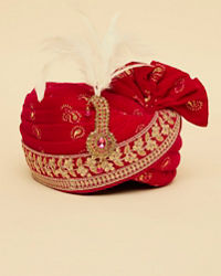 Manyavar Men Red And Gold Brooch And Feather Detailed Safa