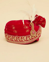 Manyavar Men Red And Gold Brooch And Feather Detailed Safa