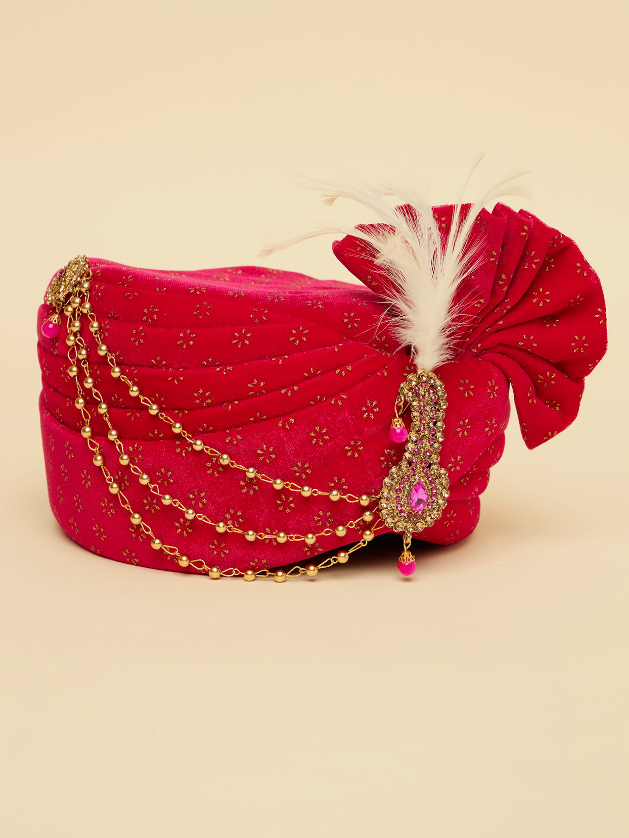 Manyavar Men Cherry Red Paisley Patterned Gold Embellished Safa