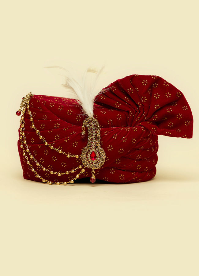 Manyavar Men Red Self Patterned Safa with Feather Trim Kalgi