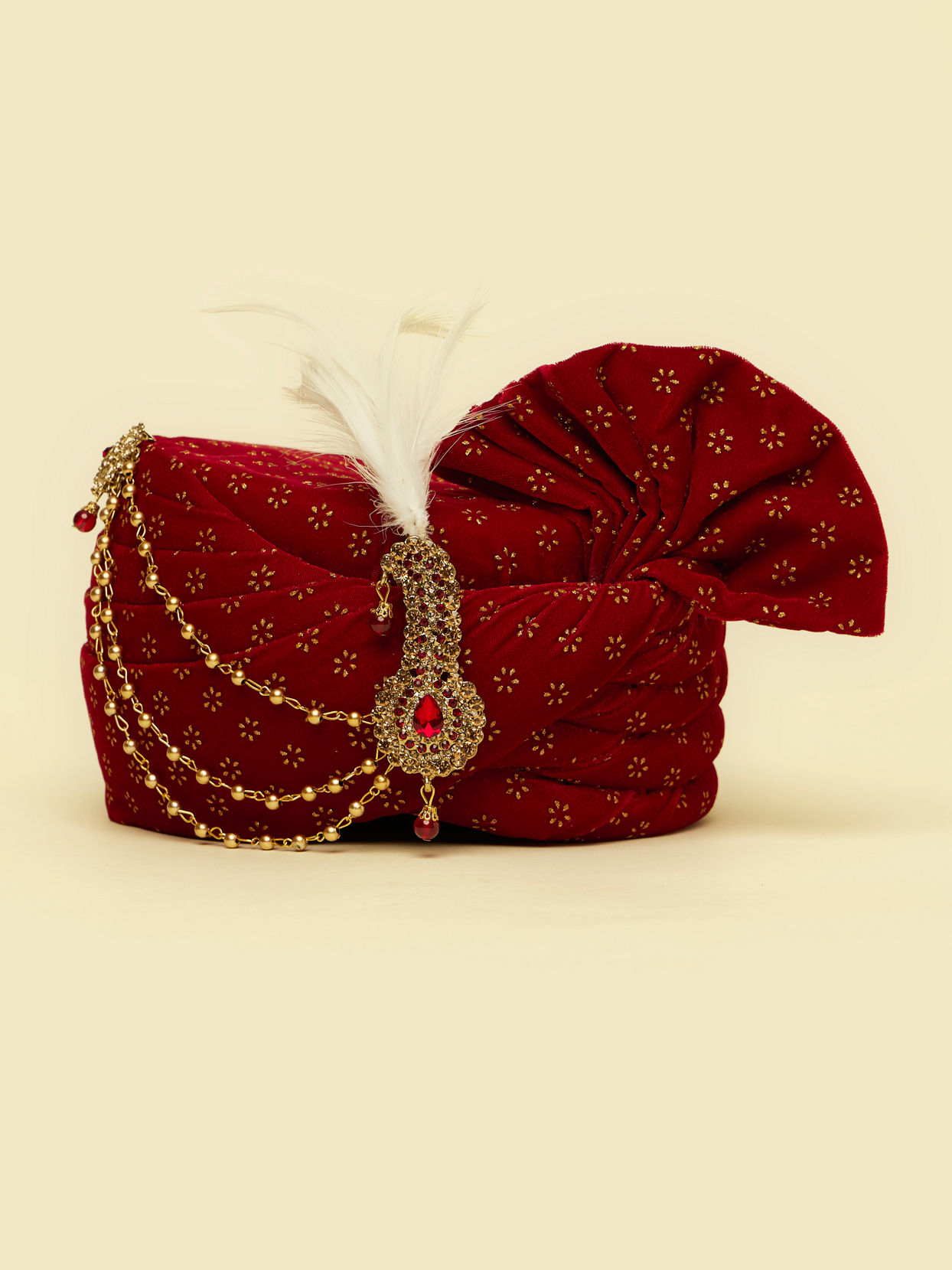 Manyavar Men Red Self Patterned Safa with Feather Trim Kalgi