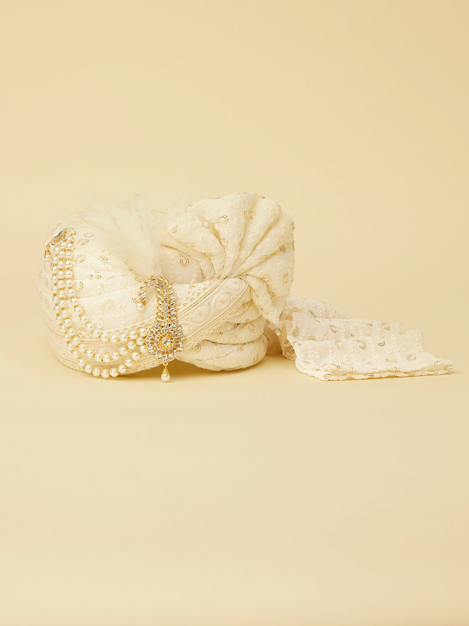 Manyavar Men Pearl White Safa with Embellished Peacock Brooch