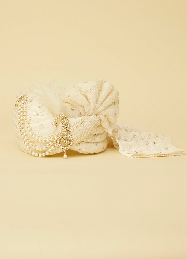 Manyavar Men Pearl White Safa with Embellished Peacock Brooch
