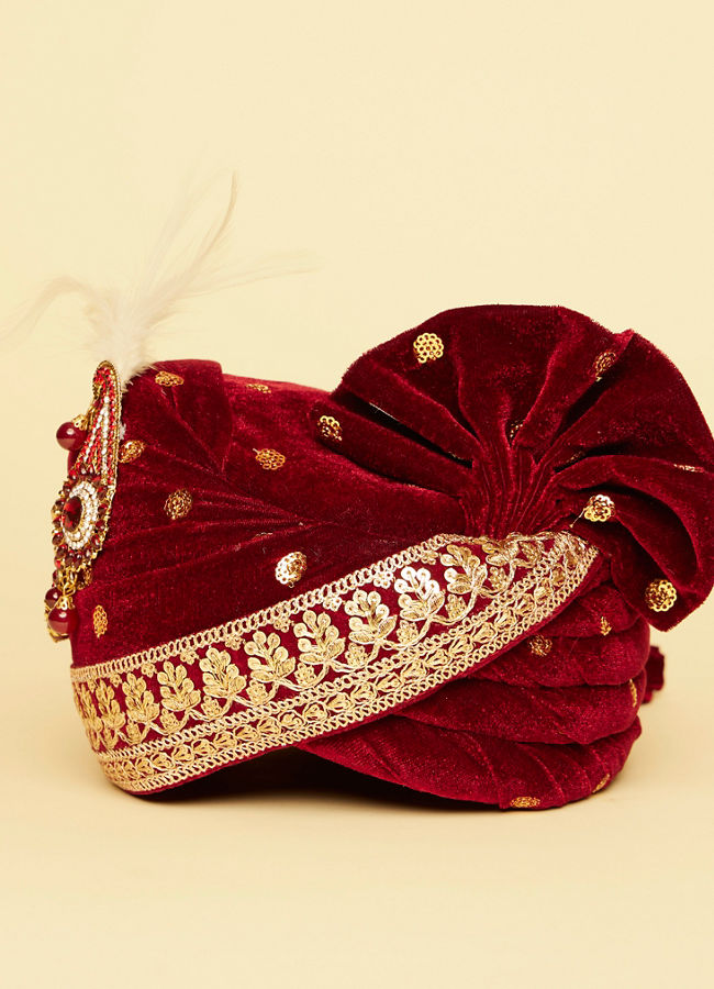 Manyavar Men Velvet Red Gold Embellished Safa
