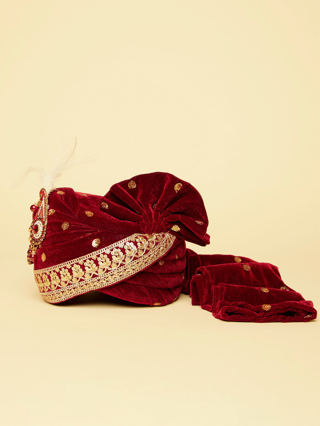 Velvet Red Gold Embellished Safa image number 3