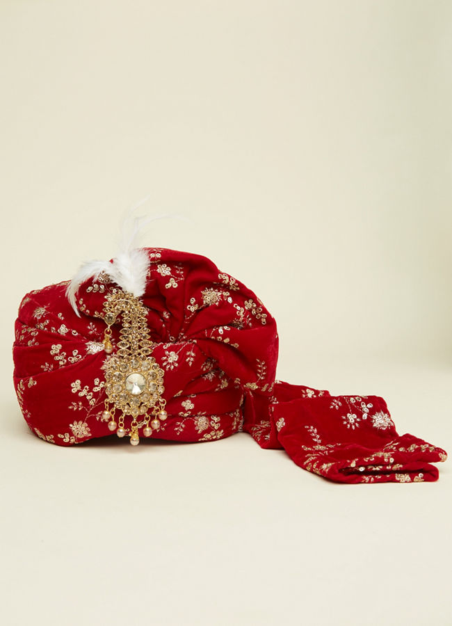 Manyavar Men True Red Bel Buti Embroidered Safa