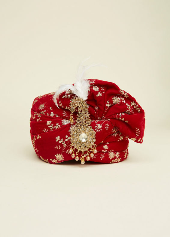 Manyavar Men True Red Bel Buti Embroidered Safa