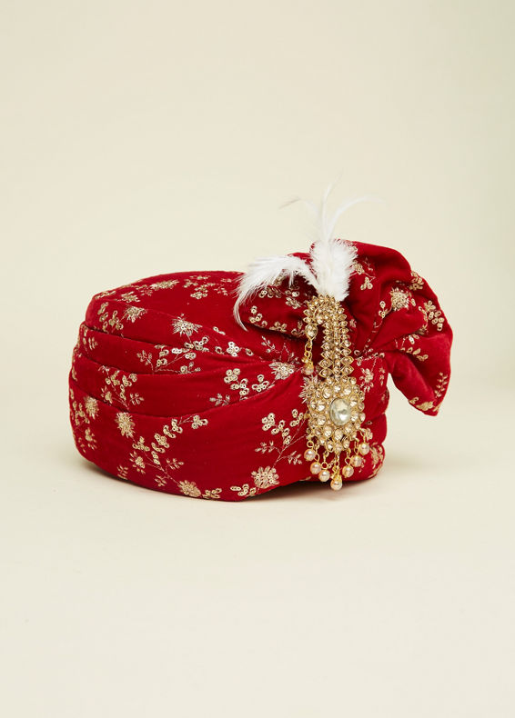 Manyavar Men True Red Bel Buti Embroidered Safa