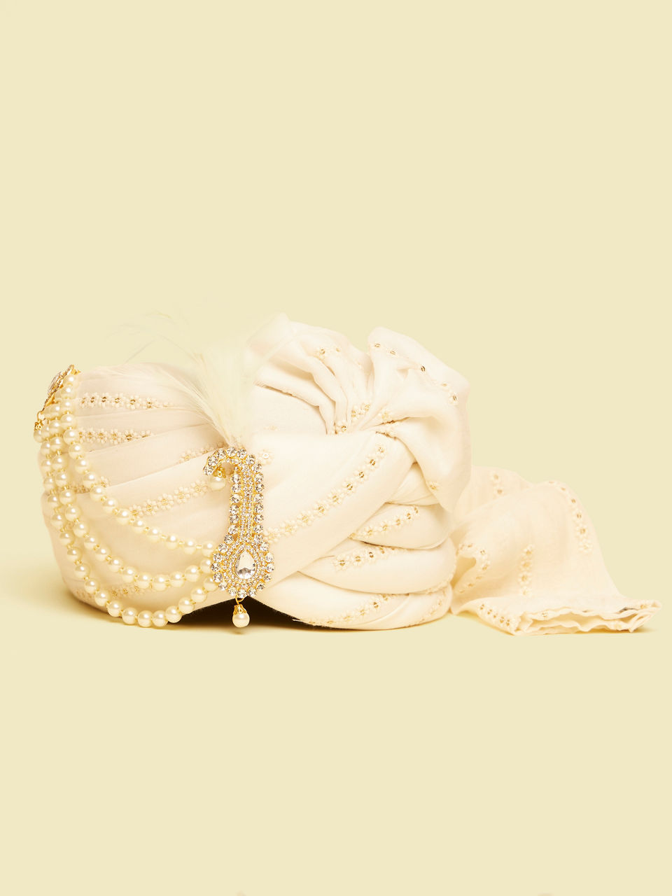 Manyavar Men Cream Self Patterned Safa with Peacock Embellished Brooch