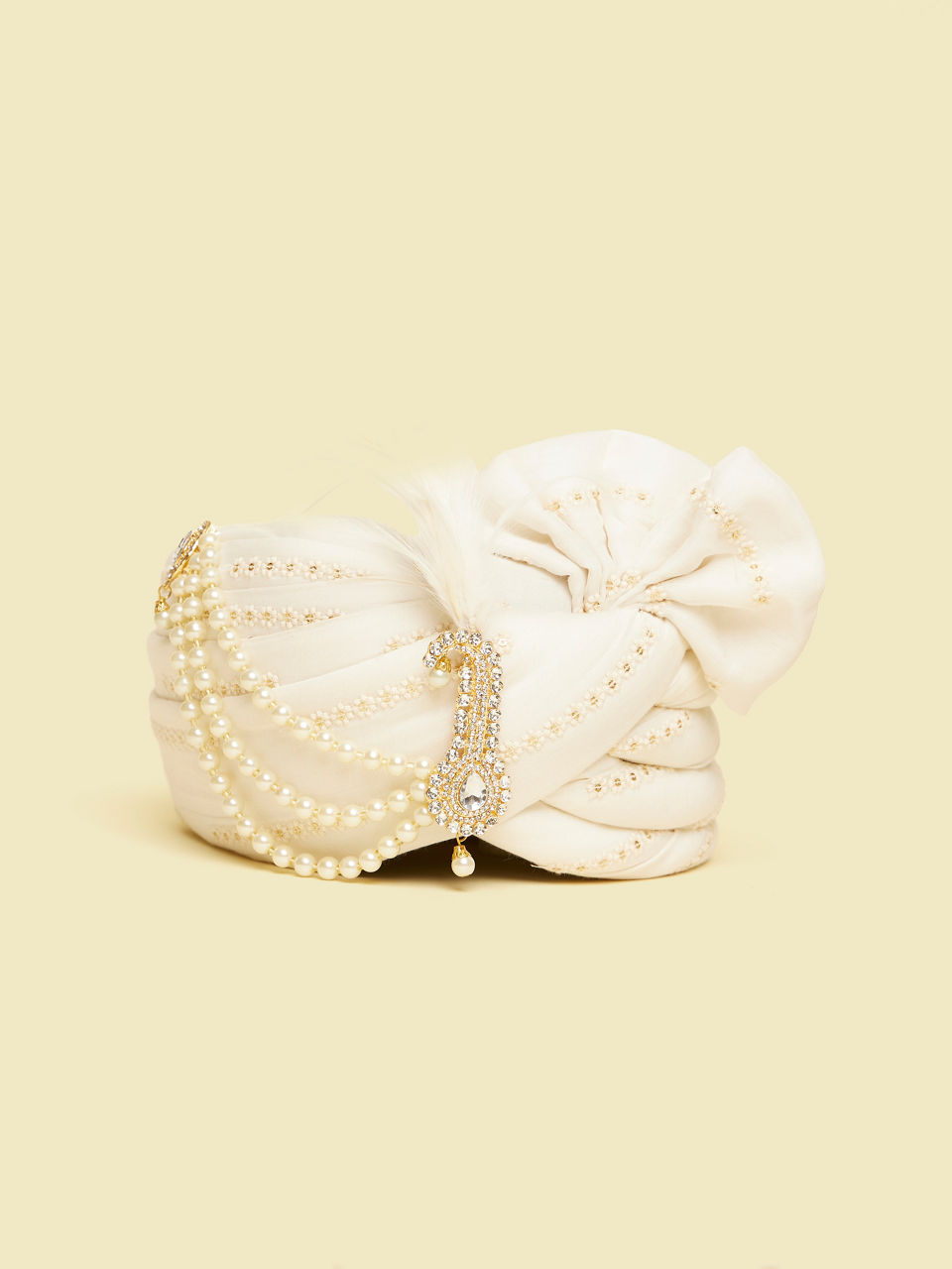 Manyavar Men Cream Self Patterned Safa with Peacock Embellished Brooch