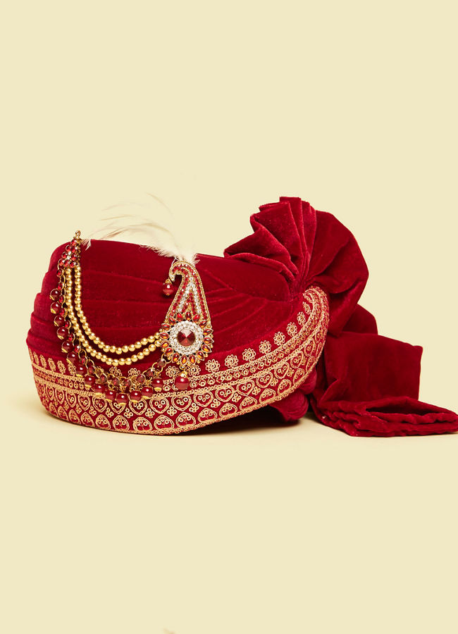 Manyavar Men Maroon Foil Printed Safa Feather Trim Kalgi
