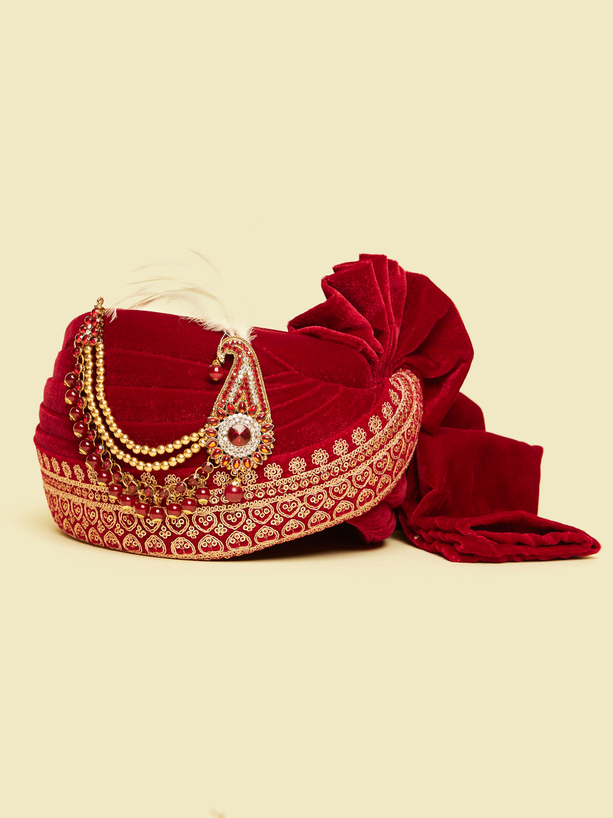 Manyavar Men Maroon Foil Printed Safa Feather Trim Kalgi