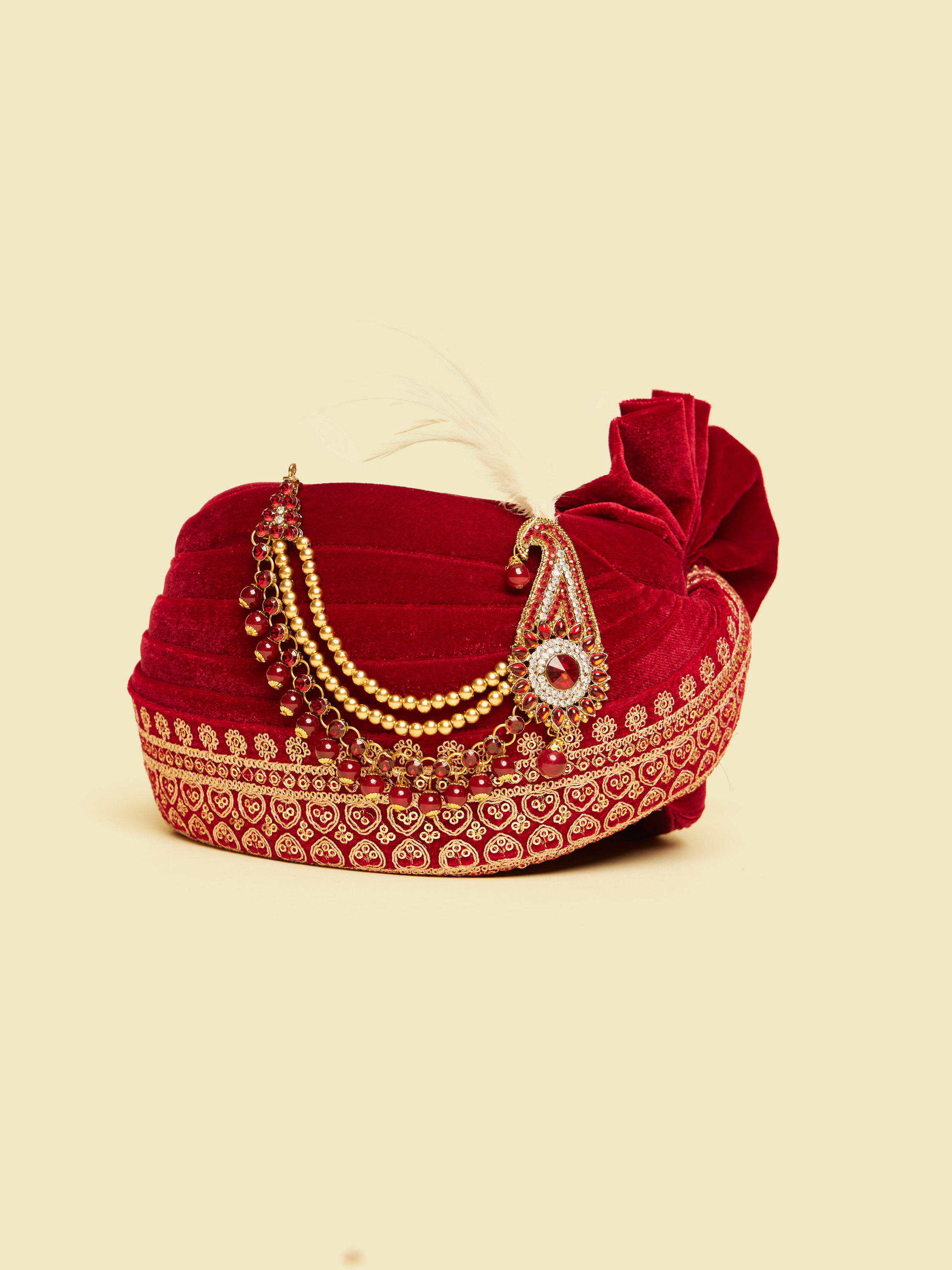 Manyavar Men Maroon Foil Printed Safa Feather Trim Kalgi