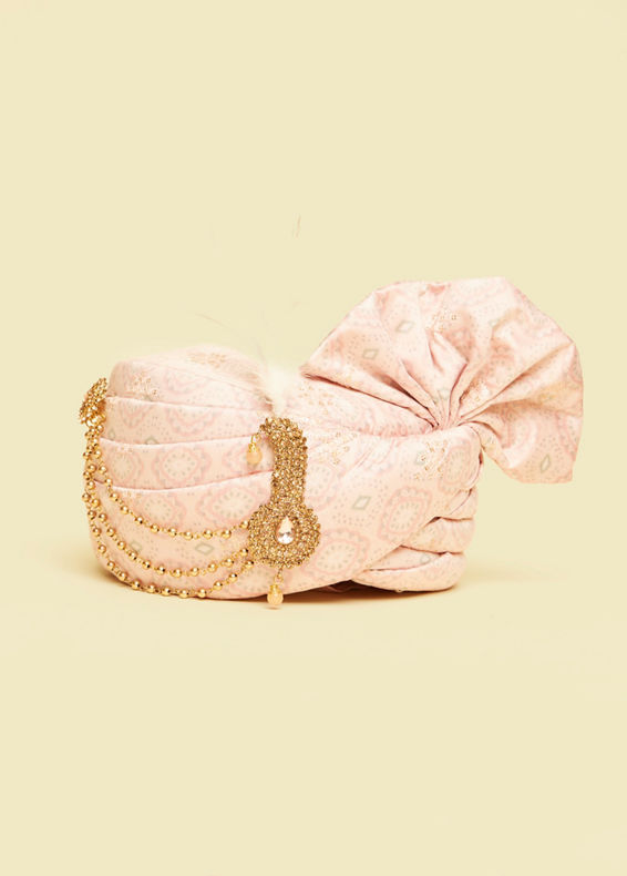 Manyavar Men Pink Safa with Embellished Paisley Brooch