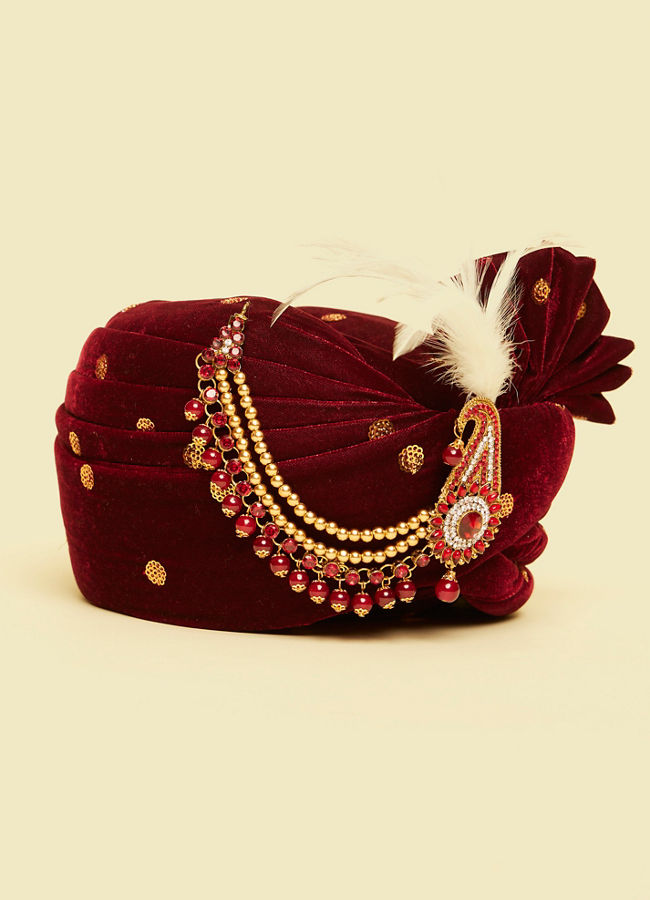 Manyavar Men Classic Maroon Filigree Embellished Safa with Feather Trim Kalgi