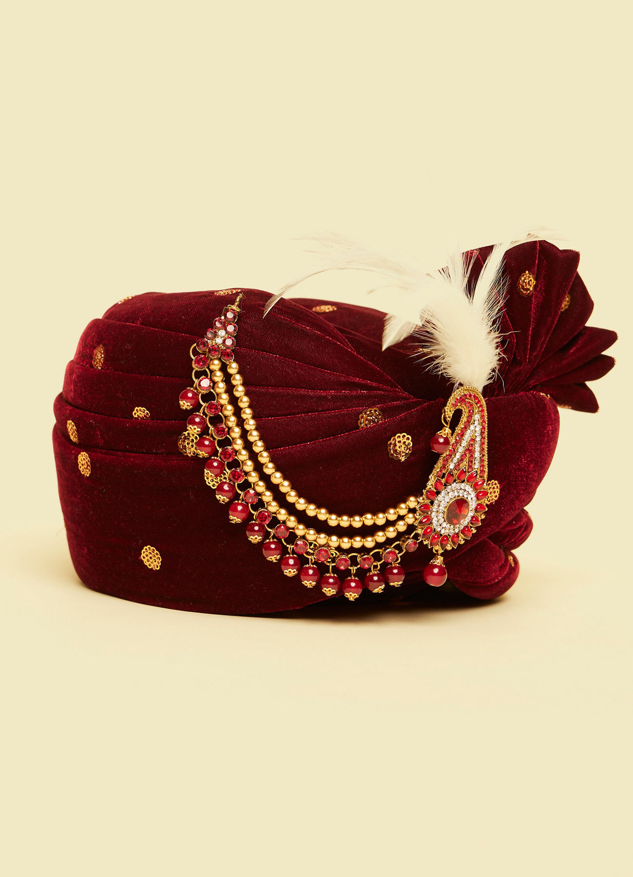 Manyavar Men Classic Maroon Filigree Embellished Safa with Feather Trim Kalgi