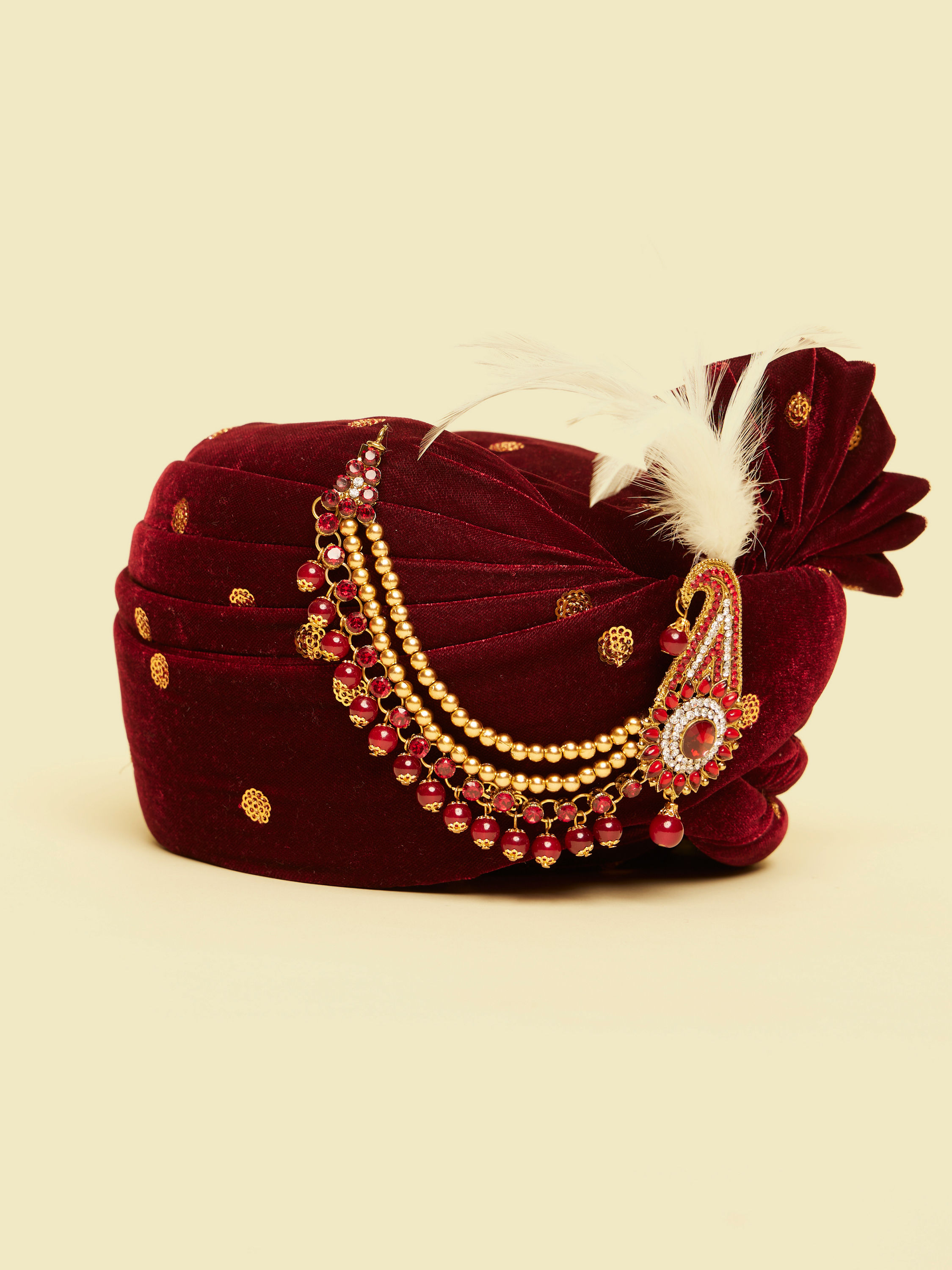 Manyavar Men Classic Maroon Filigree Embellished Safa with Feather Trim Kalgi