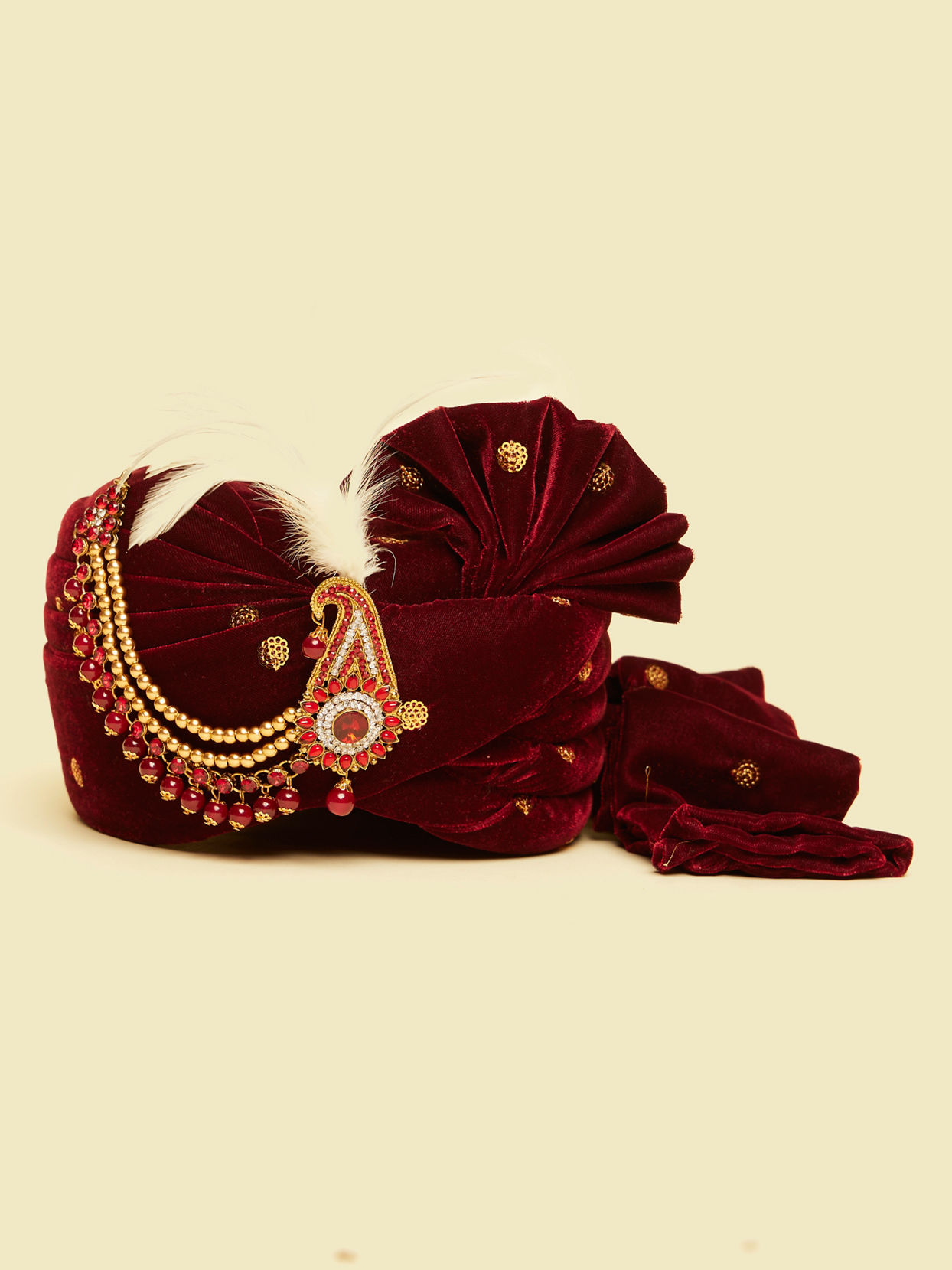 Classic Maroon Filigree Embellished Safa with Feather Trim Kalgi image number 2