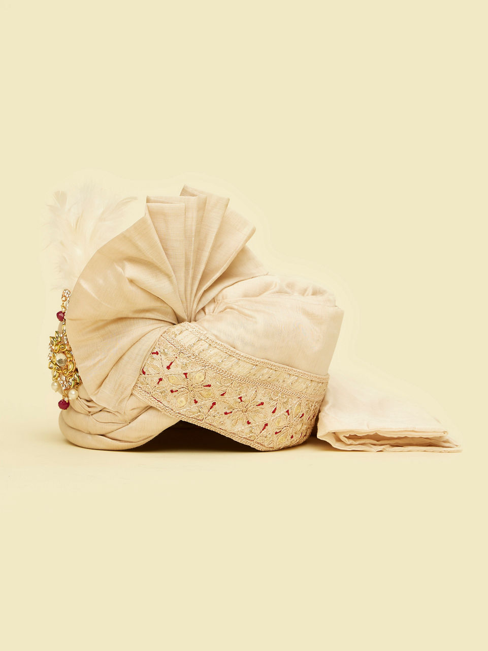 Manyavar Men Regal Beige Red Satin Safa