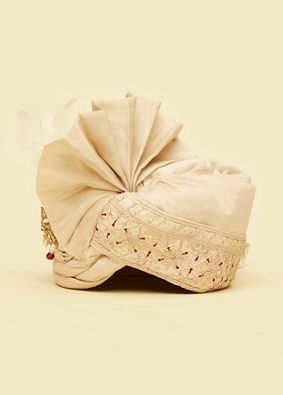 Manyavar Men Regal Beige Red Satin Safa