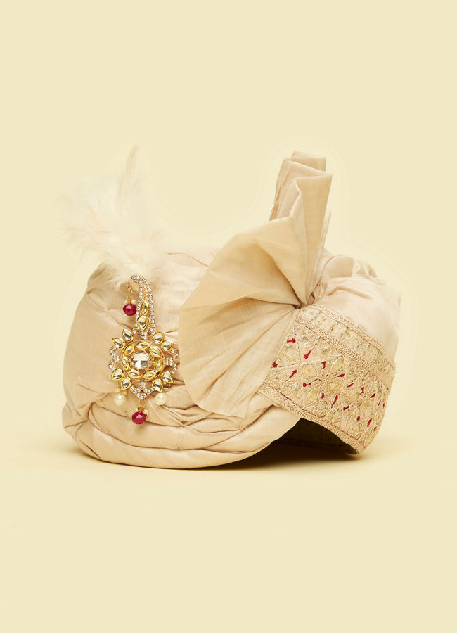 Manyavar Men Regal Beige Red Satin Safa