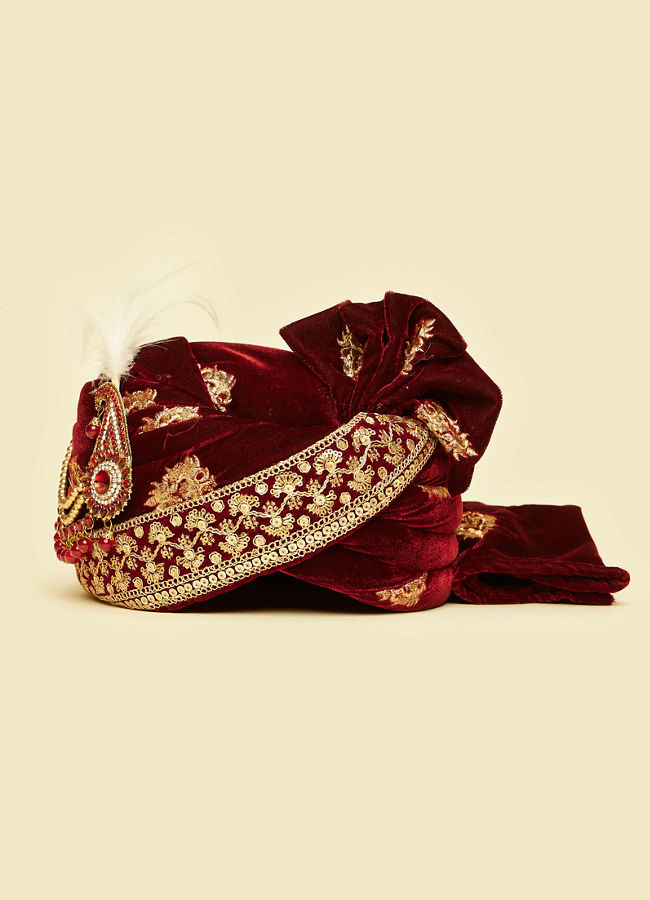 Manyavar Men Maroon Velvet Elegance Safa