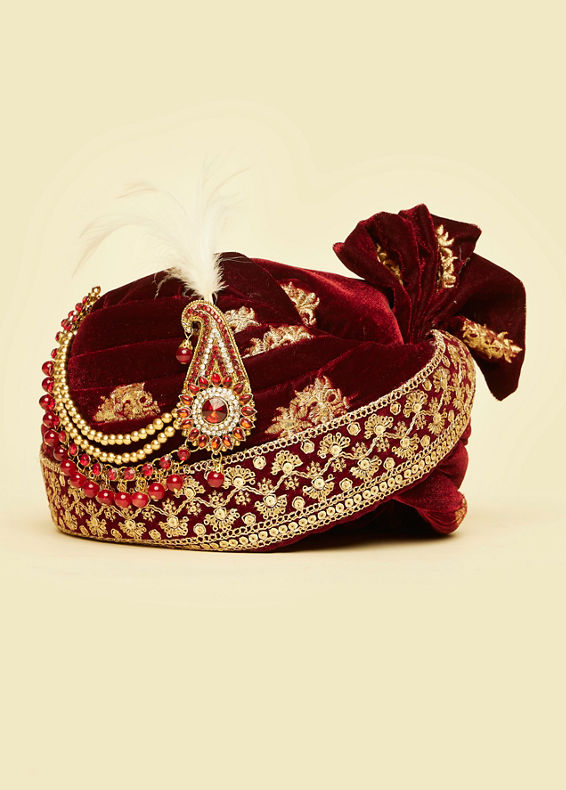 Manyavar Men Maroon Velvet Elegance Safa