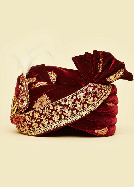 Manyavar Men Maroon Velvet Elegance Safa