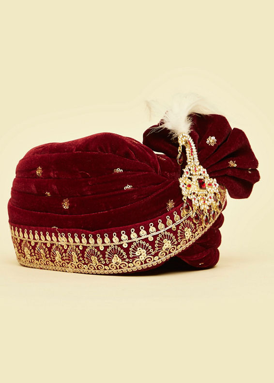 Manyavar Men Maroon Velvet Festive Safa