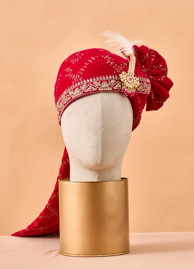 Manyavar Men Pink Velvet Safa with Brooch