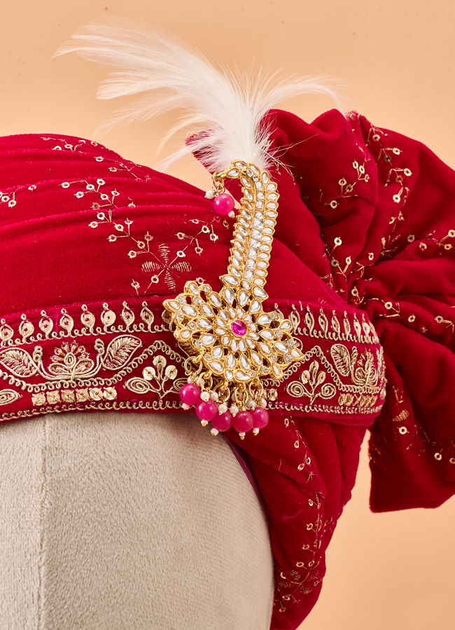 Manyavar Men Pink Velvet Safa with Brooch