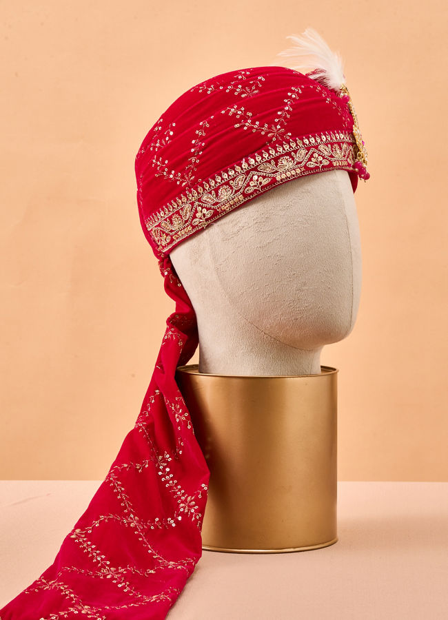 Manyavar Men Pink Velvet Safa with Brooch