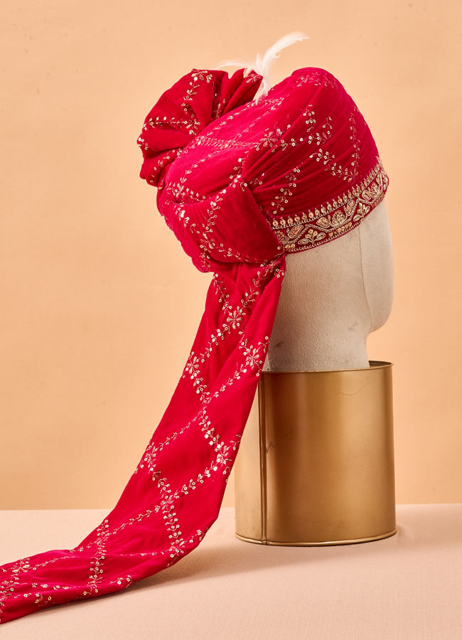 Manyavar Men Pink Velvet Safa with Brooch