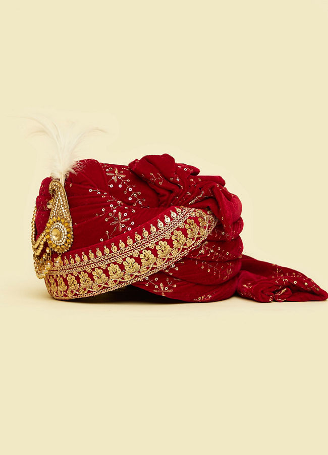 Manyavar Men Velvety Red Elegance Safa