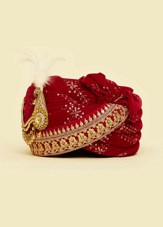 Manyavar Men Velvety Red Elegance Safa