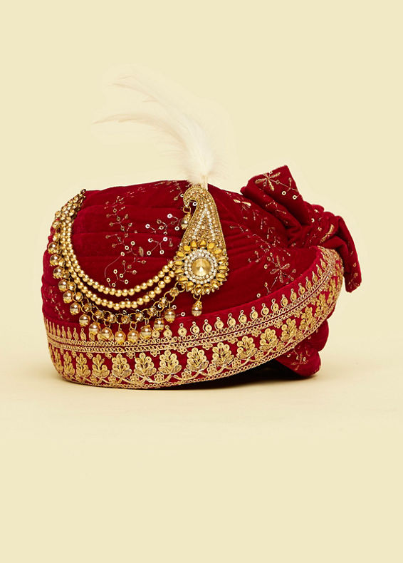 Manyavar Men Velvety Red Elegance Safa