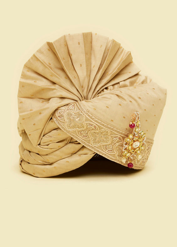 Manyavar Men Royal Beige Safa with Brooch