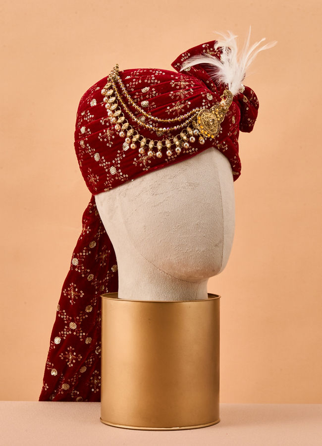 Manyavar Men Red Velvet Safa with Brooch