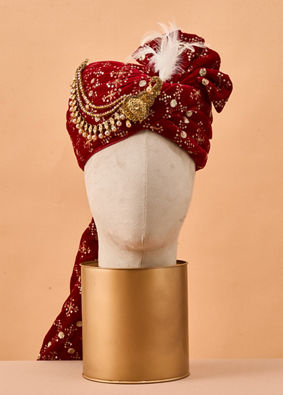 Manyavar Men Red Velvet Safa with Brooch