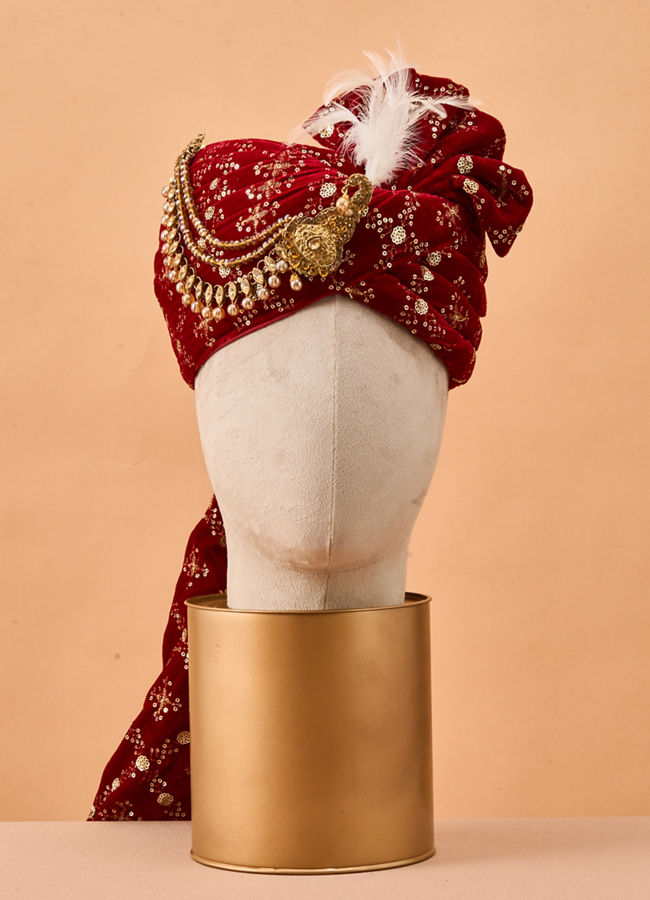 Manyavar Men Red Velvet Safa with Brooch