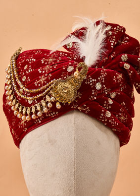 Manyavar Men Red Velvet Safa with Brooch