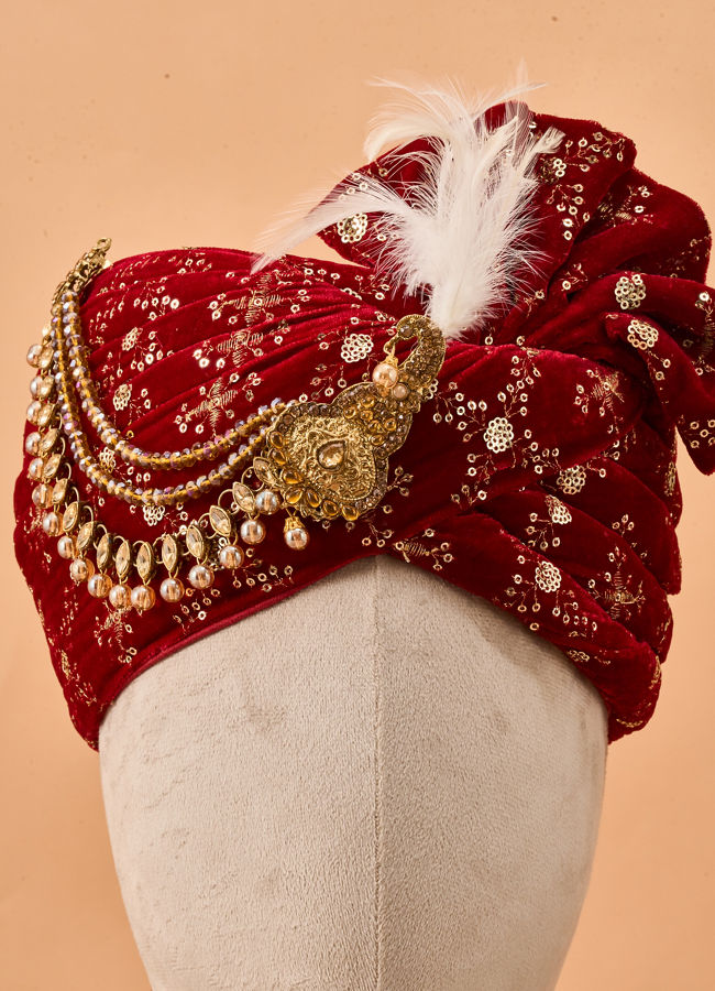 Manyavar Men Red Velvet Safa with Brooch