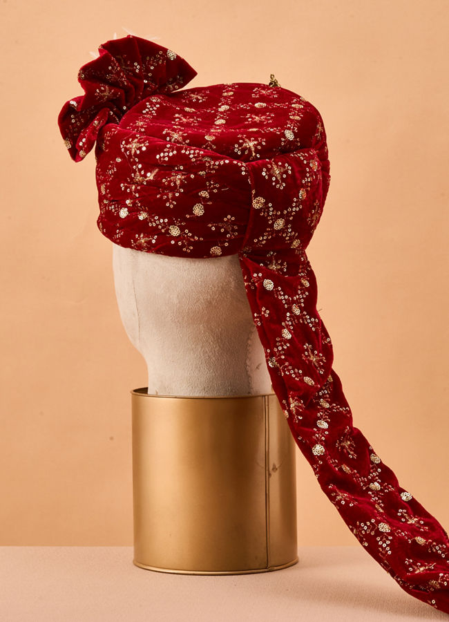 Manyavar Men Red Velvet Safa with Brooch