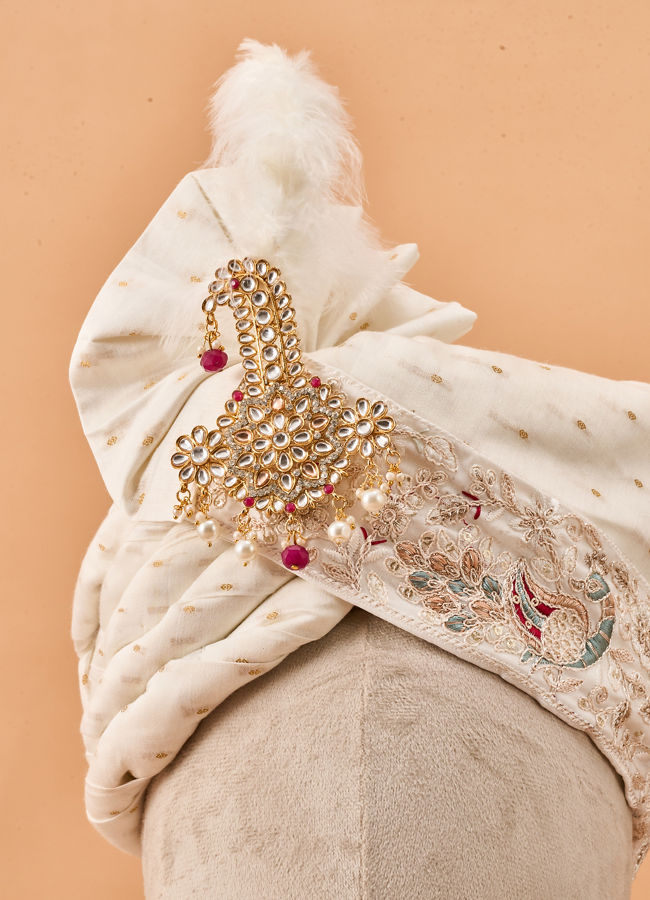 Manyavar Men White Satin Safa with Embroidery