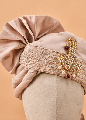 Manyavar Men Champagne Satin Safa with Embellishments