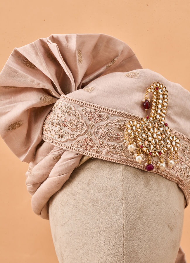 Manyavar Men Champagne Satin Safa with Embellishments
