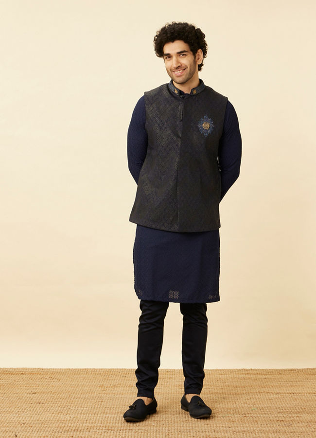 Manyavar Men Graphite Blue Black Panther Emblem Jacket