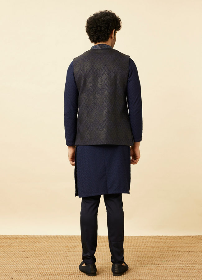 Manyavar Men Graphite Blue Black Panther Emblem Jacket