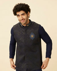 Manyavar Men Graphite Blue Black Panther Emblem Jacket